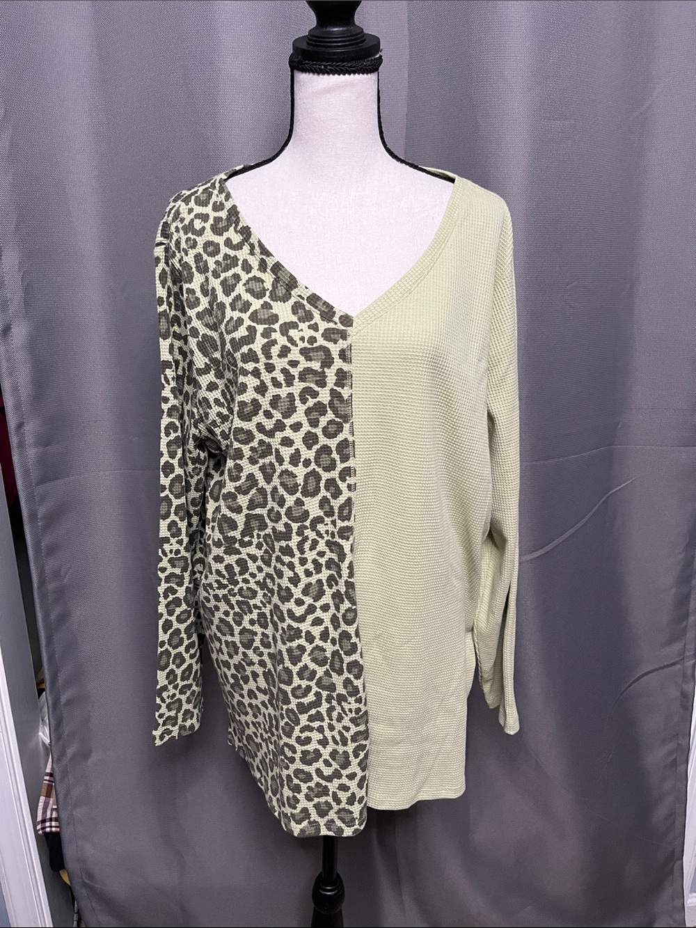 Belle by Kim Gravel Two-Fabric Olive Leopard V-Neck Long Sleeve Top